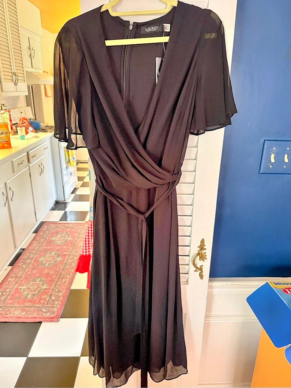 Lauren Ralph Lauren Crinkle Georgette Surplice Neck Flutter Sleeve Tie Waist